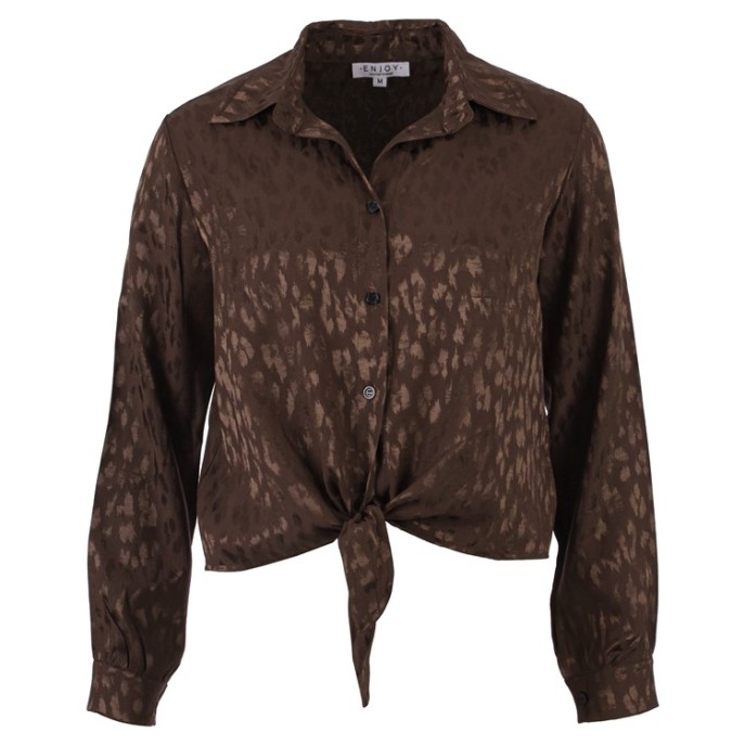 Enjoy Blouse satijn strik panter Donker bruin